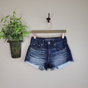 American Eagle Hi Rise Festival Frayed Dark Exposed Pocket Shortie AE 2 Shorts